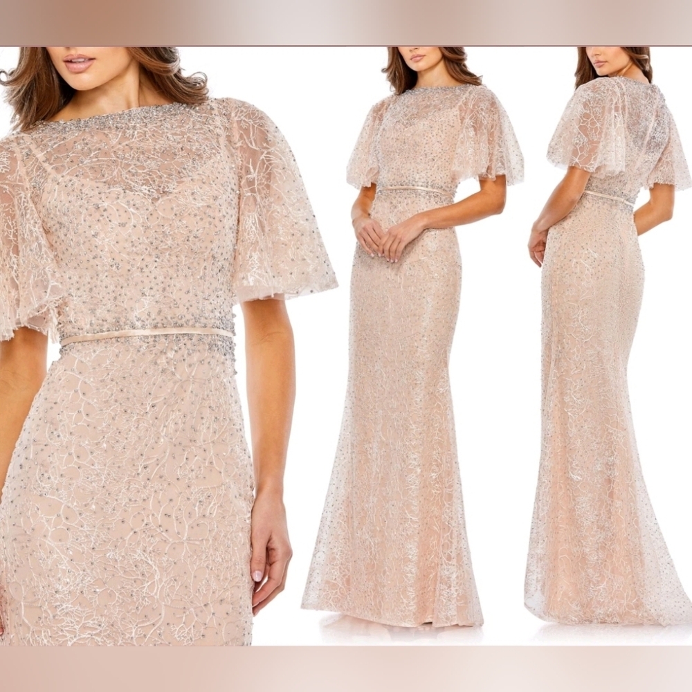 Mac Duggal Light Blush Pink nude Cream Beaded gown Wedding  Flutter Sleeve 6